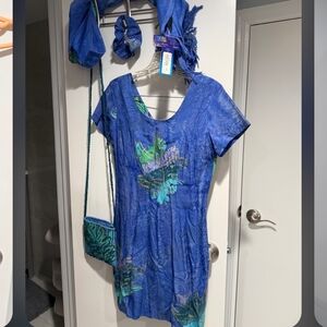 Elegant Blue Leaf Print Tropical Tantrum  Dress. Includes Scarf, Hair Tie Purse